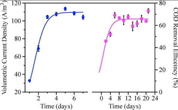PHP-MEC反應器的關鍵性能指標(電流密度和COD去除率)隨時間的變化.jpg